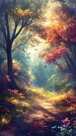 Autumn Forest Path with Canopy Light and Flying Birds