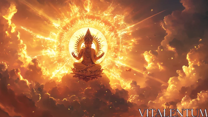 Radiant celestial deity seated within explosive solar halo