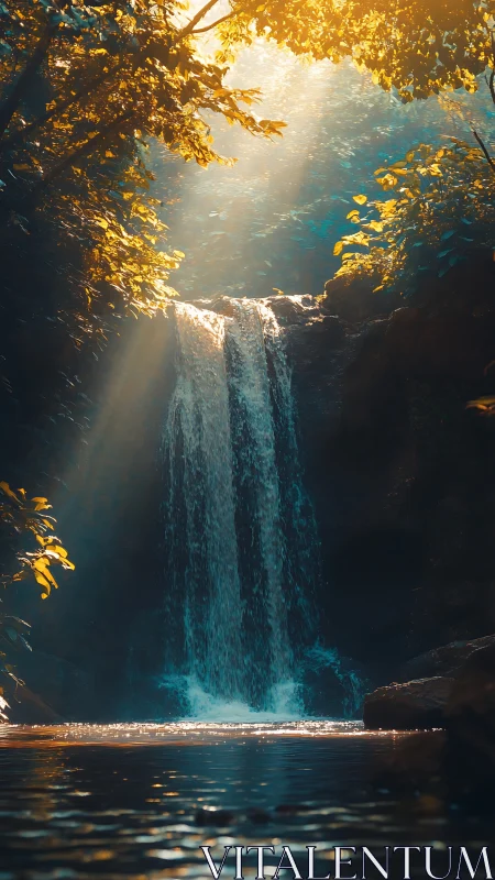 Sunlit forest waterfall pours into a tranquil reflective pool