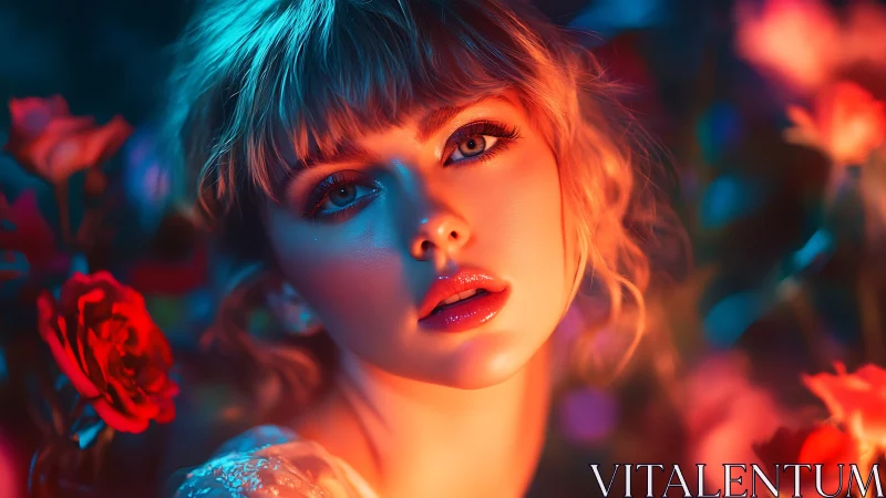 Woman gazes at camera in vivid red and blue neon lighting