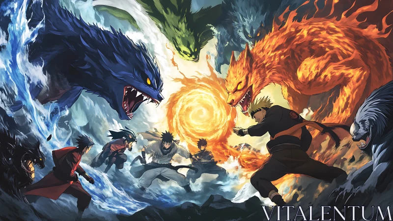 Elemental ninja clash encircled by roaring spirit beasts.