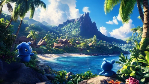 Blue Characters Observe Tropical Island Paradise.