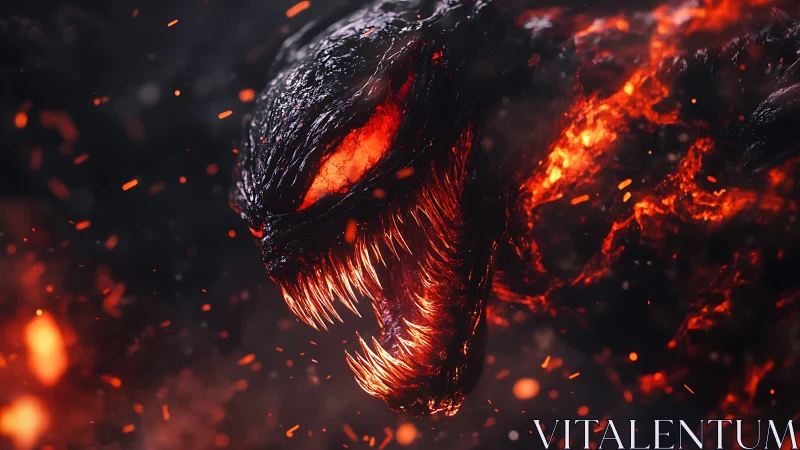 Infernal lava demon roars amid swirling embers and ash.