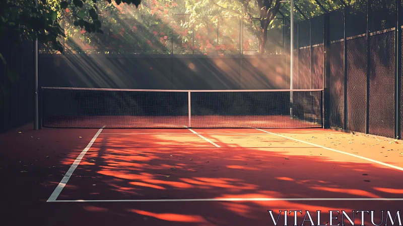 Sunlit clay tennis court catches warm evening light.