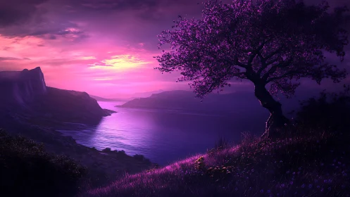 Twilight blossom tree watching over a calm violet bay.