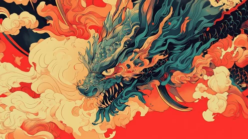Coiled dragon head amid swirling smoke on red field.