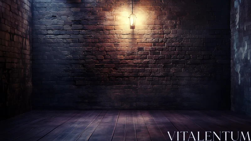 Quiet brick room glowing under a single hanging lantern.