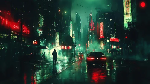 Neon rainstorm haunts a cyberpunk avenue of restless ghosts.