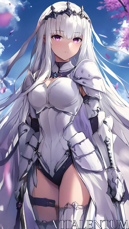Gentle silver-haired knight under soft cherry blossoms.