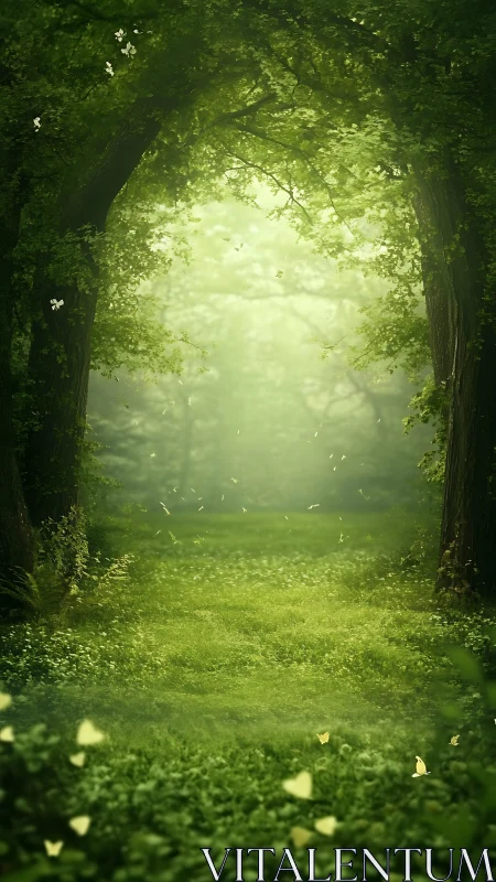 Luminous Forest Tunnel Through Green Canopy.