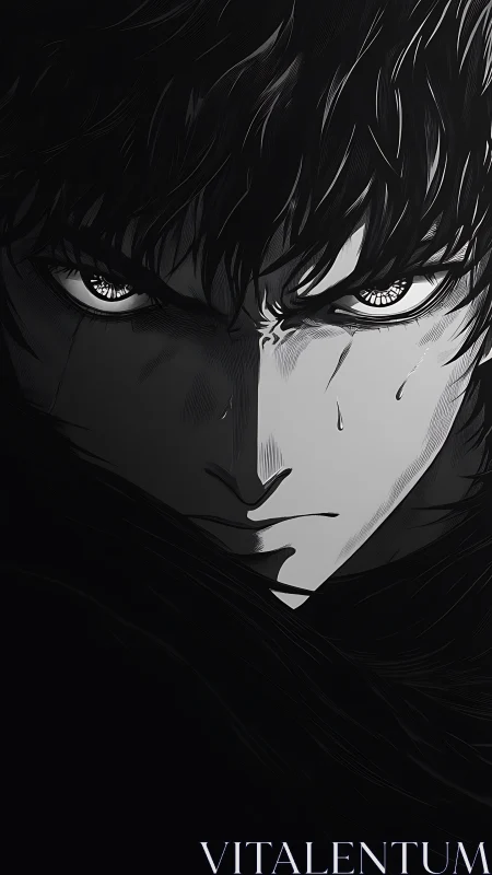Intense anime portrait split by dramatic monochrome light.