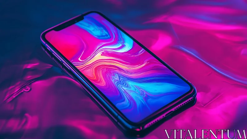 Smartphone with Psychedelic Fluid Gradient Display in Neon Environment