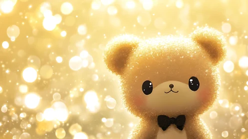 Fuzzy cartoon bear with bow tie on golden bokeh background.
