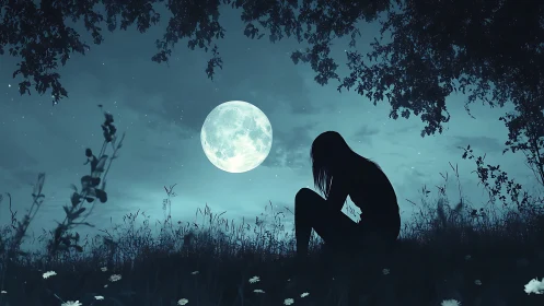 Silhouette of seated figure under full moon in field at night.