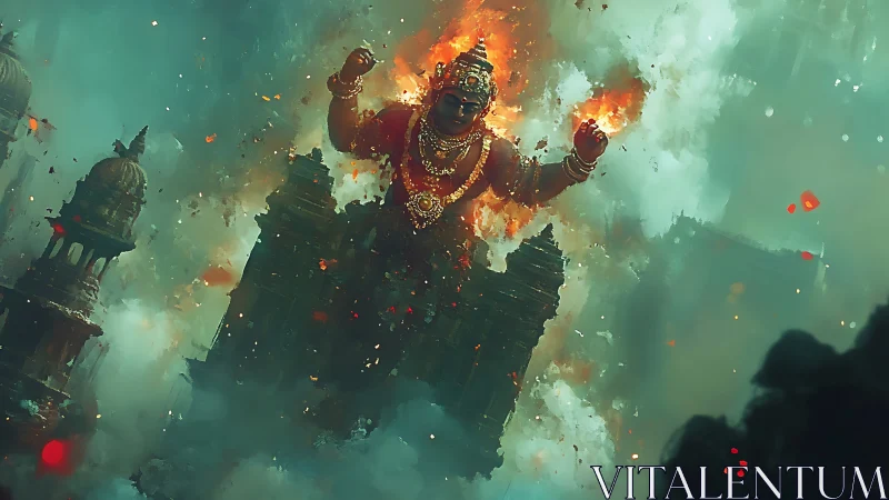 Colossal fiery deity emerging above collapsing temples.