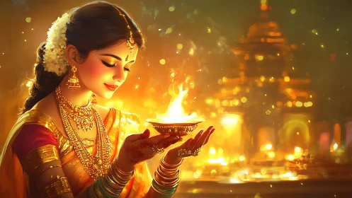 Digital painting of Indian woman holding temple diya flame.