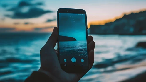 Hand holding smartphone capturing seascape at sunset