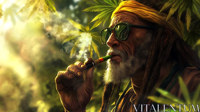 Sunlit reggae elder resting in a golden cloud of calm.