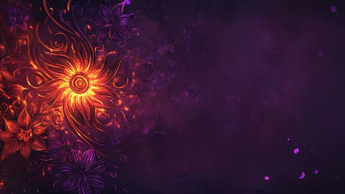 Glowing abstract sun and violet floral digital artwork.