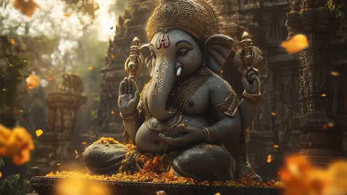 Ganesha stone idol glows amid marigold petals and incense