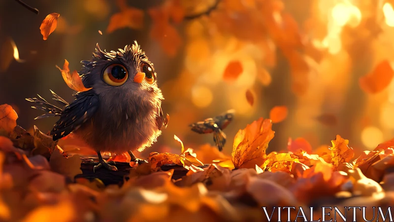 Cute Fluffy Owl in Autumn Forest with Warm Glowing Light, Digital Art.