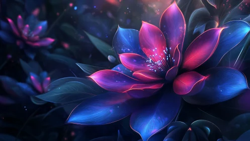 Bioluminescent Lotus with Neon Pink-Blue Gradient Light Emission