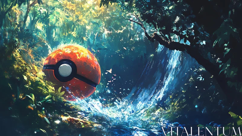 Large red sphere near forest waterfall in dense foliage.