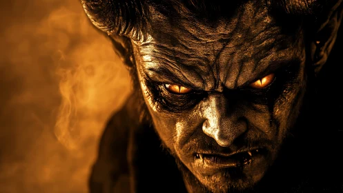 Infernal horned entity with molten ember eyes in chiaroscuro.