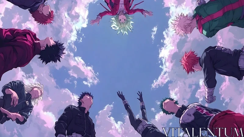 Skyward hero circle under cotton-candy battle clouds.