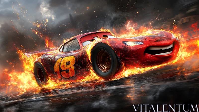 Flaming red race car smiles boldly while tearing through fire