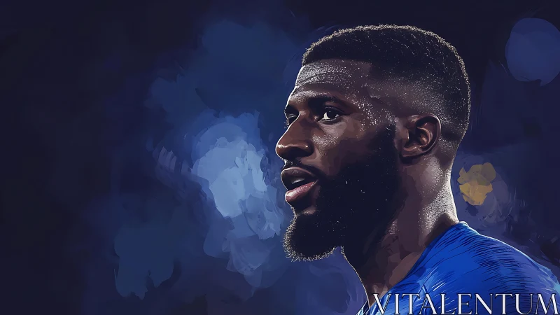 Digital portrait of focused football player on dark field.