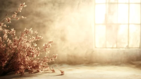 Soft pastel blossoms glow in warm vintage window light.