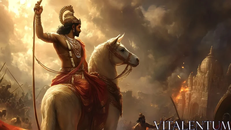 Warrior king on white warhorse commands burning battlefield