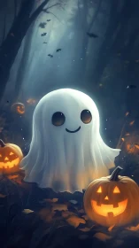 Cute little Halloween ghost glowing among jack o&rsquo;lanterns.
