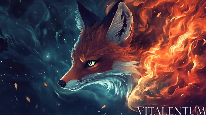 Elemental fox profile merges fire and cosmic shadow.
