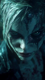 Intense close-up of eerie, bloodstained warrior face.