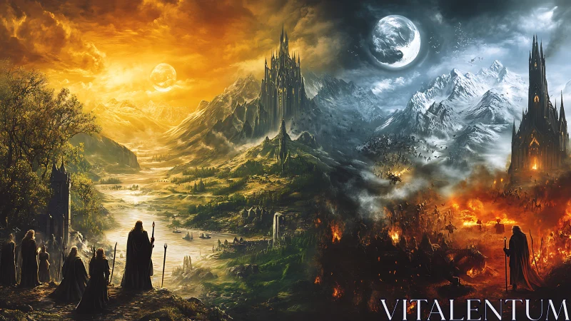 Bifurcated fantasy landscape with opposing fortified realms.