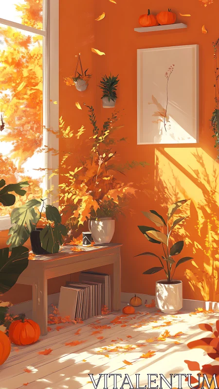 Sunlit orange studio corner with pumpkins and autumn foliage