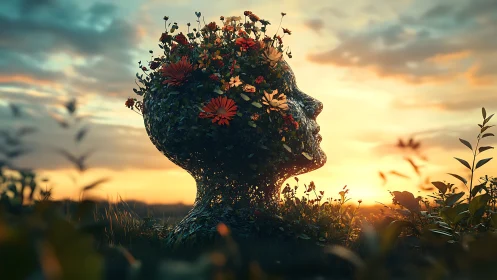 Floral human head sculpture rising from meadow at sunset.
