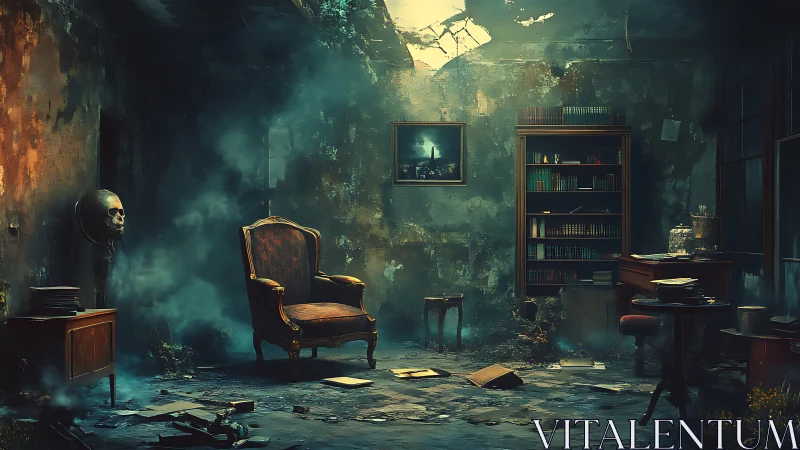 Abandoned study room with armchair, books, and smoke.