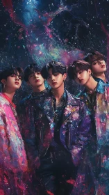 Cosmic boy band stands in vibrant nebula dreamscape.