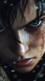 Hyperreal wet portrait close-up with cinematic rim lighting