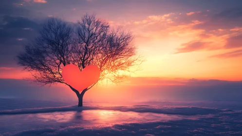Heart-Shaped Tree Against Radiant Sunset Sky.