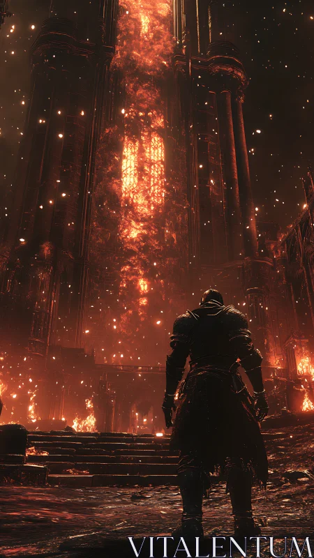 Armored warrior confronts a burning cathedral of towering flame