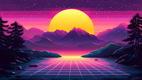 Neon Horizon Gridscape with Retro Synthwave Sunset Composition.
