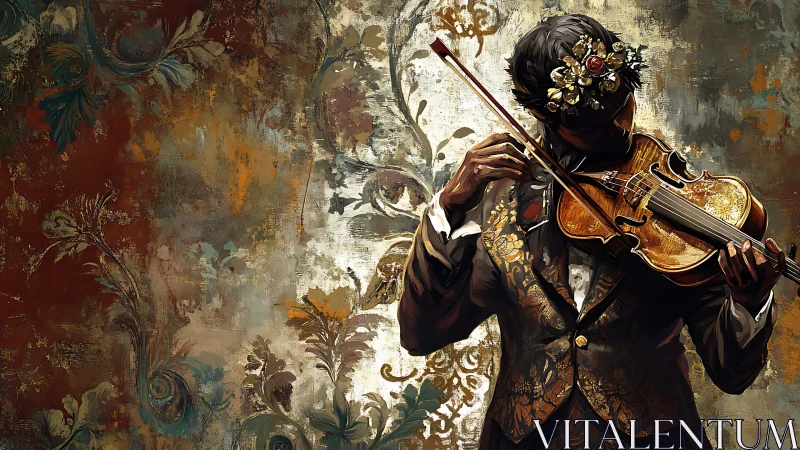 Violinist in ornate suit against floral textured wall.