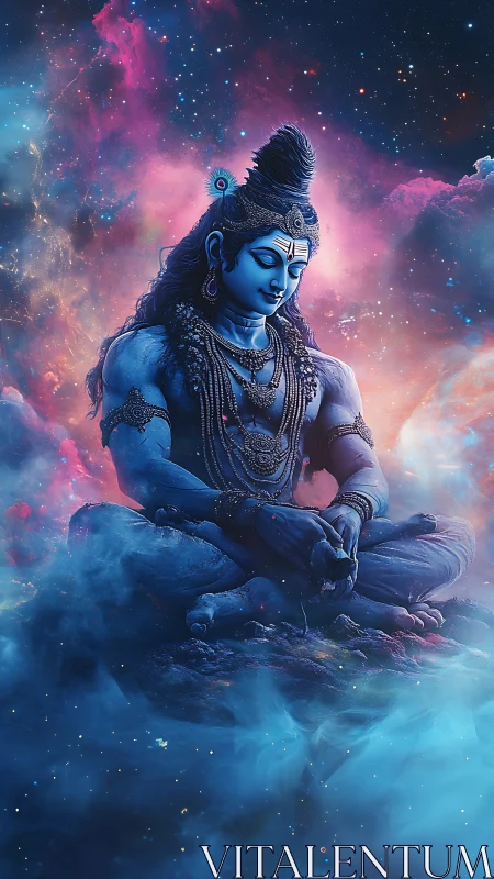 Celestial blue deity rendered in high-contrast cosmic nebula field