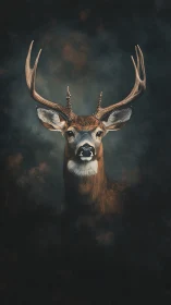 Majestic stag portrait on dark smoky studio background.