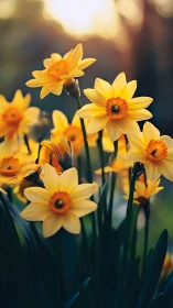 Golden daffodils bloom in morning sunlight with soft blurred background.