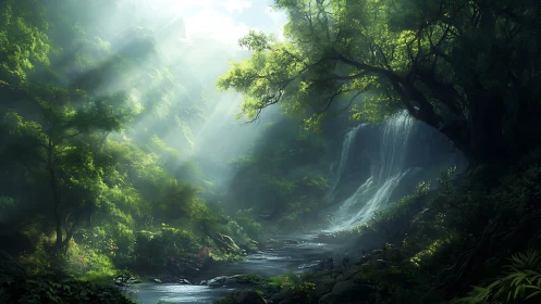 Enchanted Forest Waterfall with Sunrays.